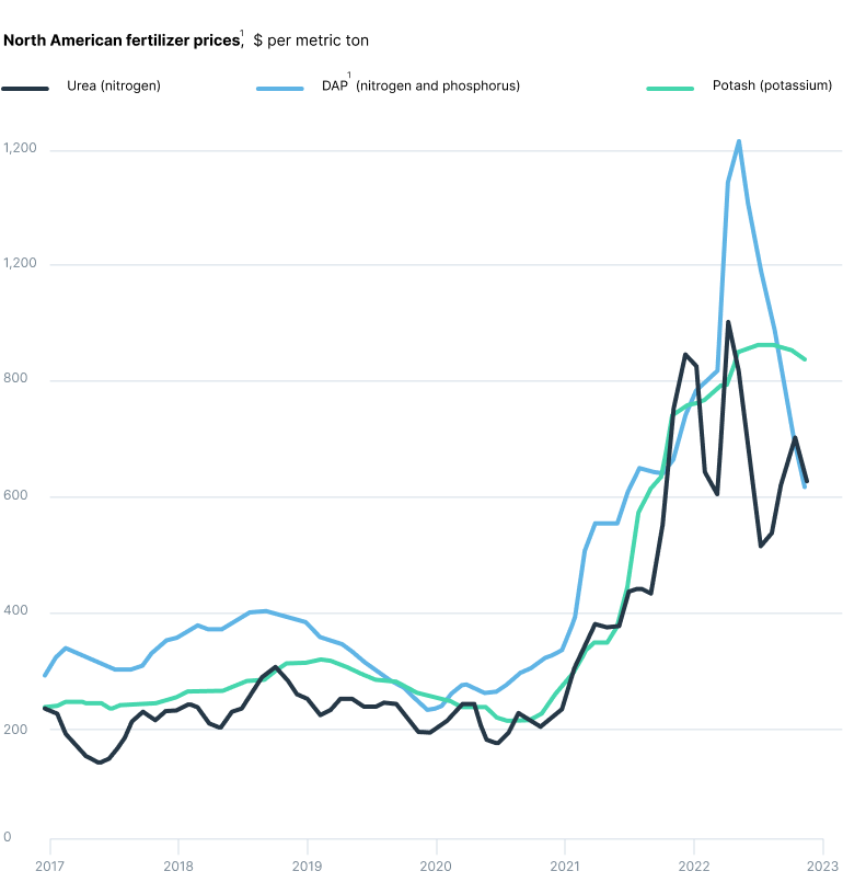 A chart showing the rising cost of fertilizer in the US. 