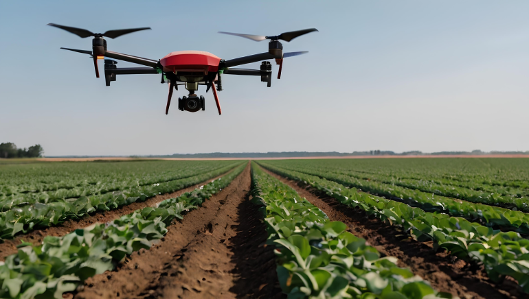 A picture of a drone flying of agricultural land. 