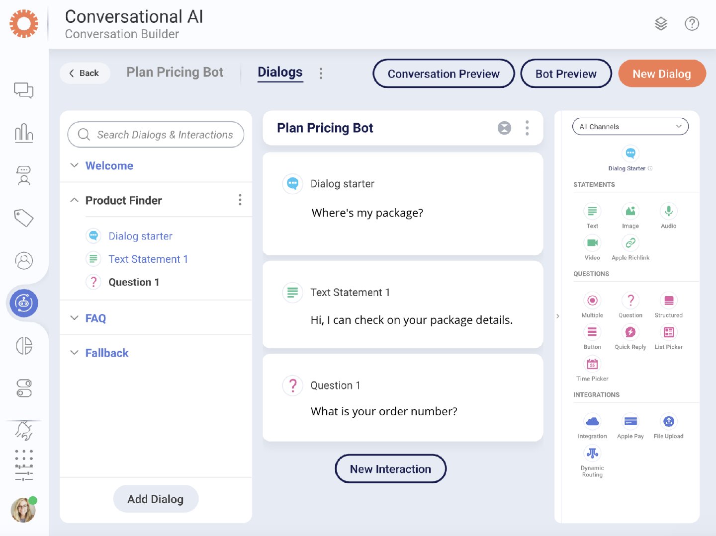 An interface for building a simple conversational AI chatbot. 