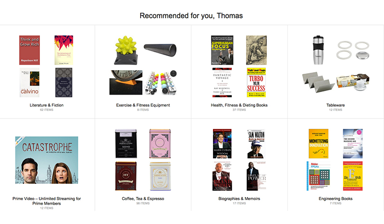 Examples of Amazon's personalized product recommendations. 