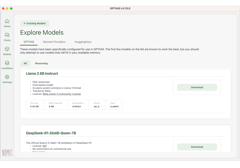 Gpt4All local AI models
