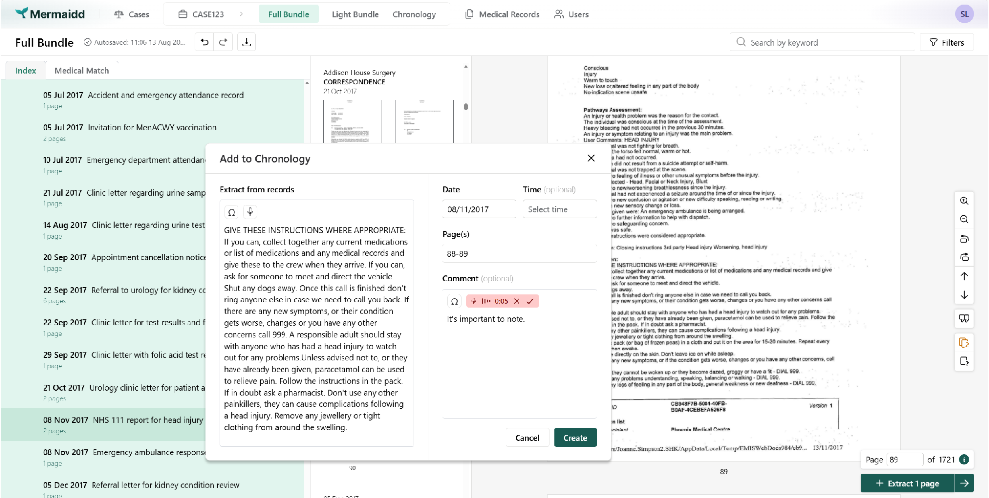 AI-powered document intelligence platform for reviewing medical records, extracting evidence, and supporting case analysis across large document sets.