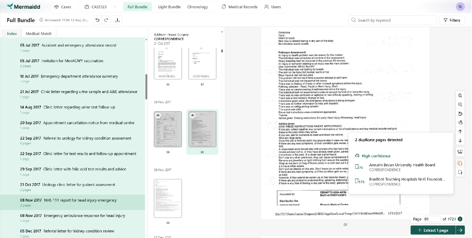AI-powered document intelligence platform for reviewing medical records, extracting evidence, and supporting case analysis across large document sets.
